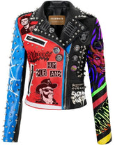 Women’s Multicolor Punk Jacket – Lemmy, Motorhead & SUB HUM ANS Patches, Cone Studded Gothic Leather Moto Fit, Custom Style